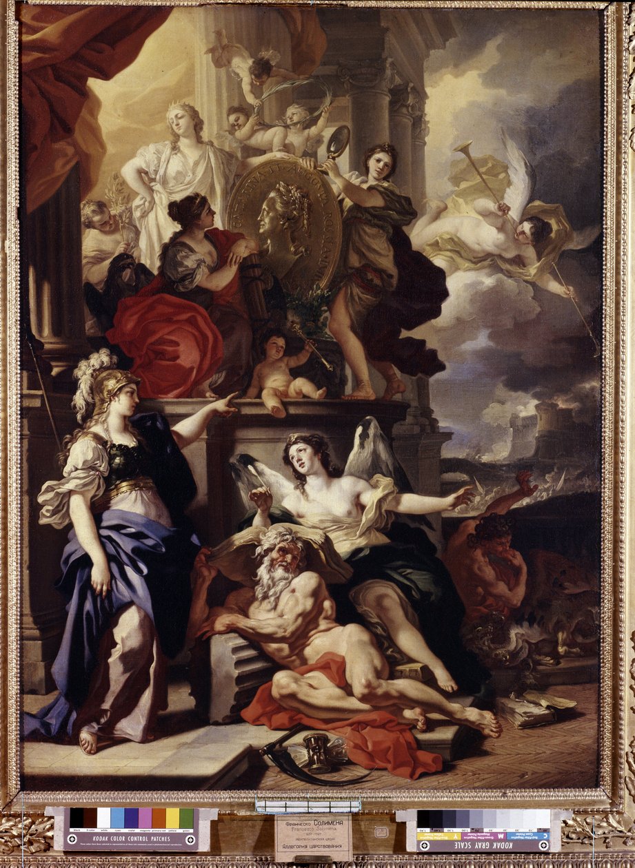 Alegoria panowania. Medalion pośrodku przedstawia twarz królowej Rosji Katarzyny II (1729-1796). Obraz Francesco Solimeny (1657-1747). olej na płótnie autorstwa Francesco Solimena