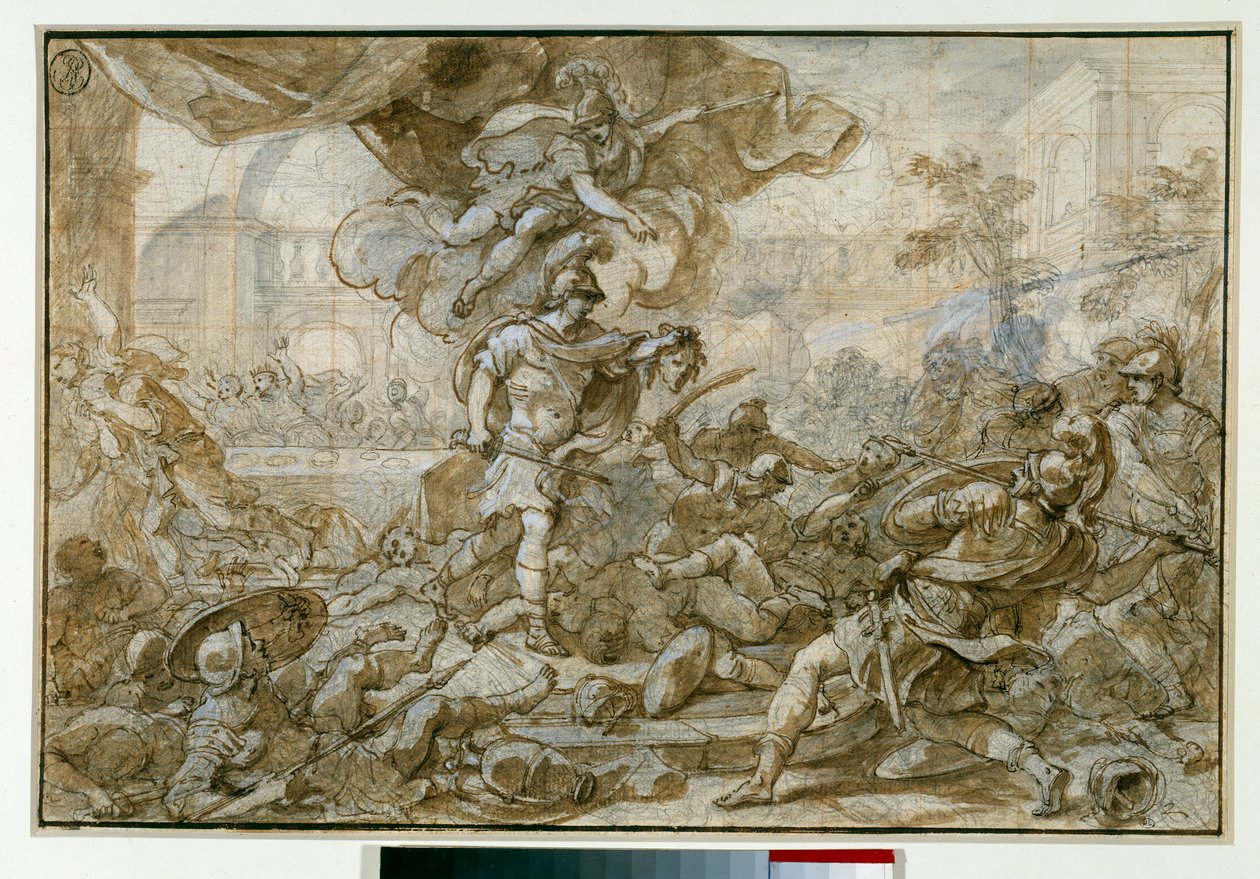 Mitologia: "" Persejska broń głowy Meduzy zamienia się w kamień Phinee i jego żołnierze "" Rysunek Francesco Solimena dit l "Abbate Ciccio ou l" Abbe Ciccio autorstwa Francesco Solimena