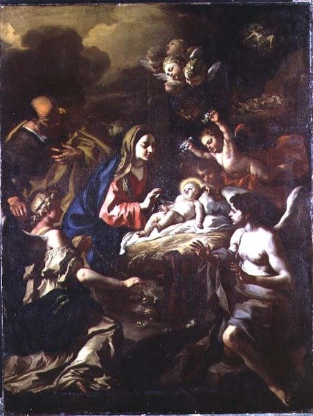 Szopka z adorującymi aniołami i Zwiastowanie pasterzom autorstwa Francesco Solimena