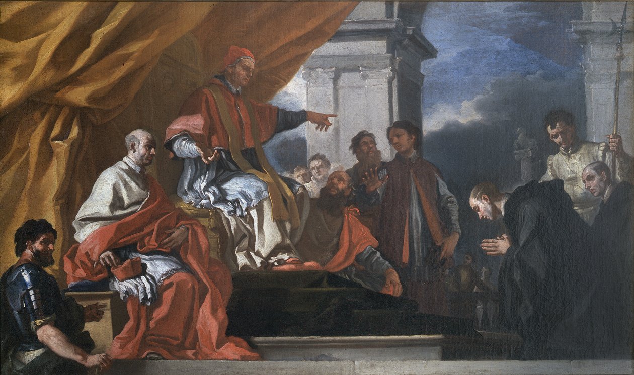 Święty Willibald prosi papieża Grzegorza III o błogosławieństwo, zanim wyruszy na ewangelizację Sasów autorstwa Francesco Solimena