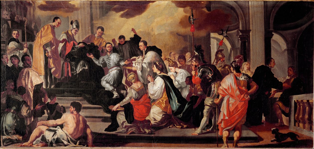 Habit mnichów lombardzkiego króla Ratchisa (Ratgis) (744-749) w klasztorze na górze Cassin (góra Cassin, Monte Cassino) Obraz Francesco Solimena (1657-1747) Museo dell