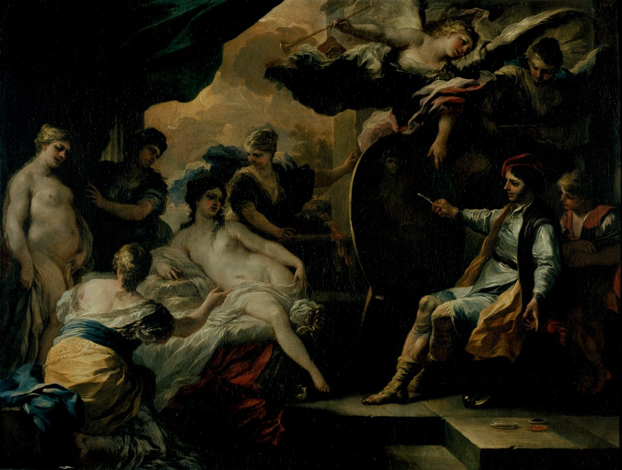 Zeuxis i panienki z Krotonu (olej na miedzi) autorstwa Francesco Solimena