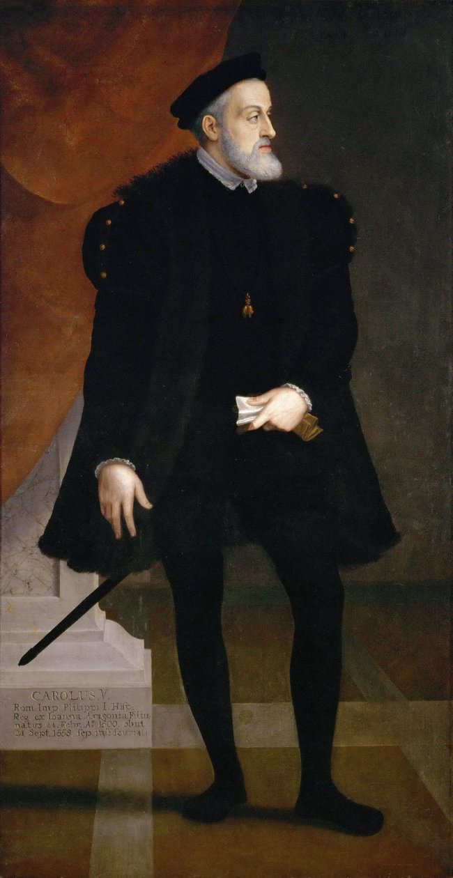 Portret cesarza Karola V (1500-1558) - Francesco Terzio (Terzi) (ok. 1523-1591). olej na płótnie, ok. 1550. Wymiar : 204x108 cm. Muzeum Historii Sztuki, Wiedeń autorstwa Francesco Terzio