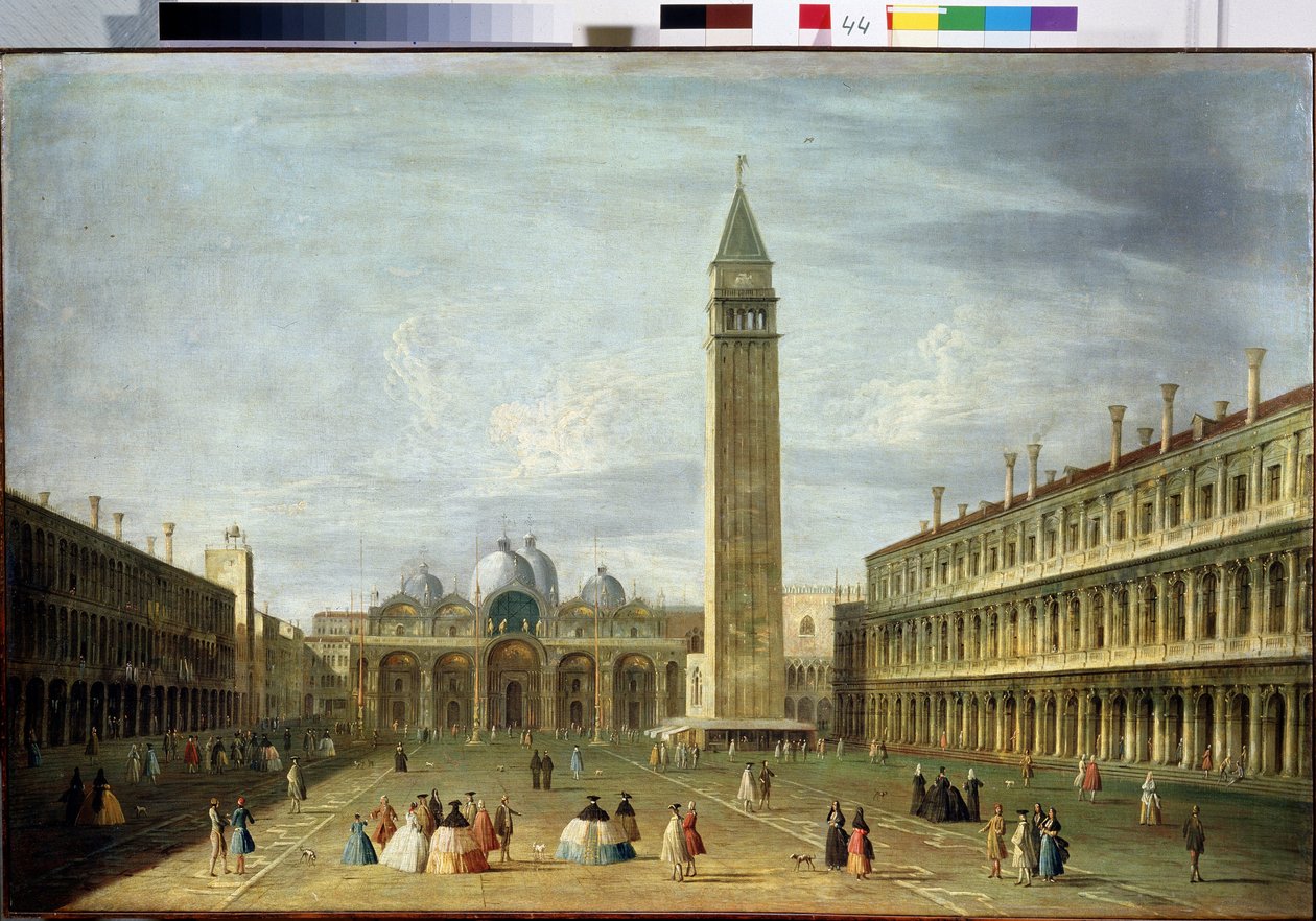 Plac Świętego Marka (San Marco) (lub Piazzetta) w Wenecji z Bazyliką Świętego Marka i Campanile. (Plac Świętego Marka w Wenecji). Obraz Francesco Tironiego (1745-1797). Olej na płótnie, 72 x 109 cm. XVIII-wieczna sztuka wenecka. Państwowe Muzeum Ark autorstwa Francesco Tironi