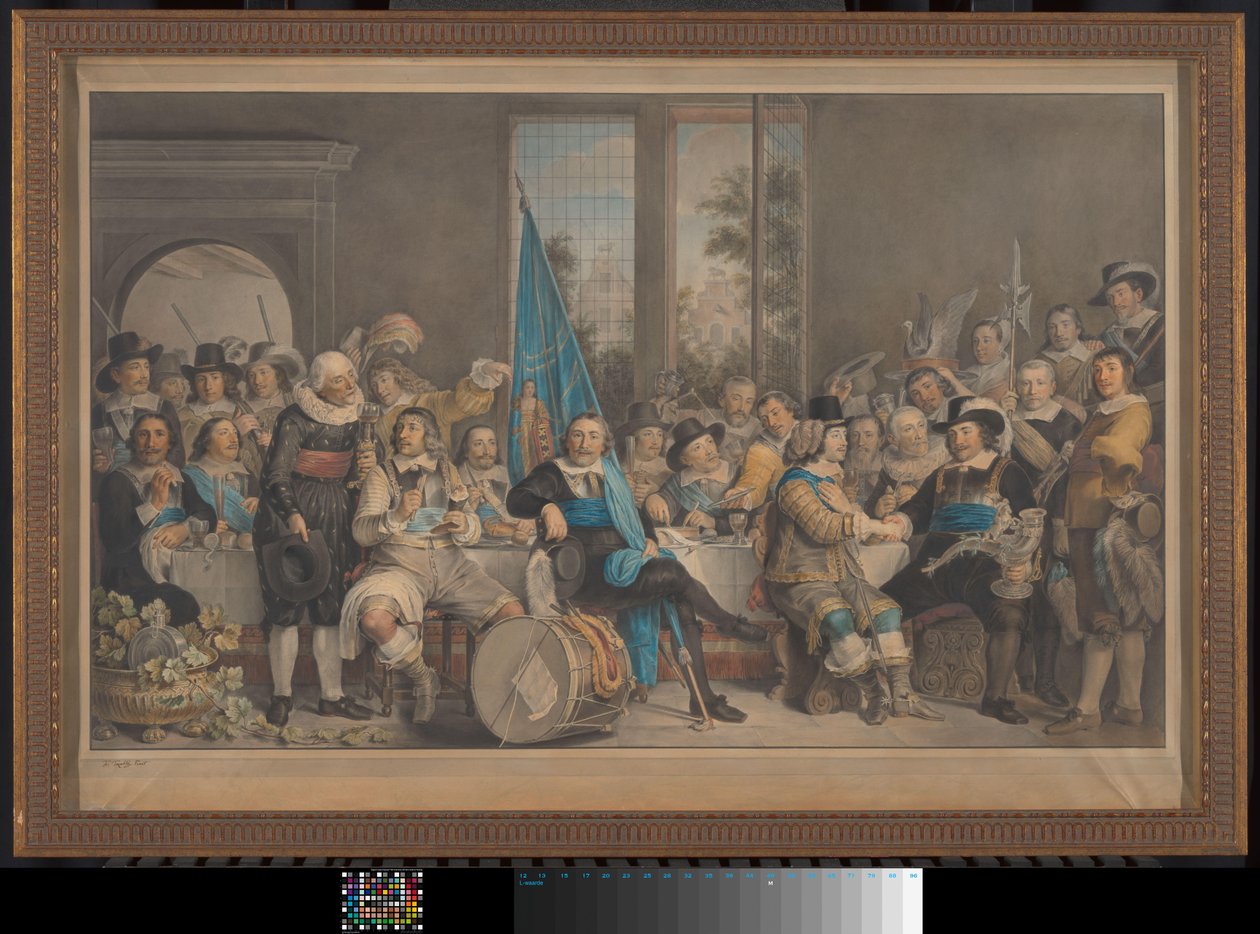 Posiłek strzelca w celach Voetboog (St. Joris) w Amsterdamie, z okazji zawarcia pokoju w Munster, 18 czerwca 1648 r. autorstwa Francesco Tozelli (signed by artist)