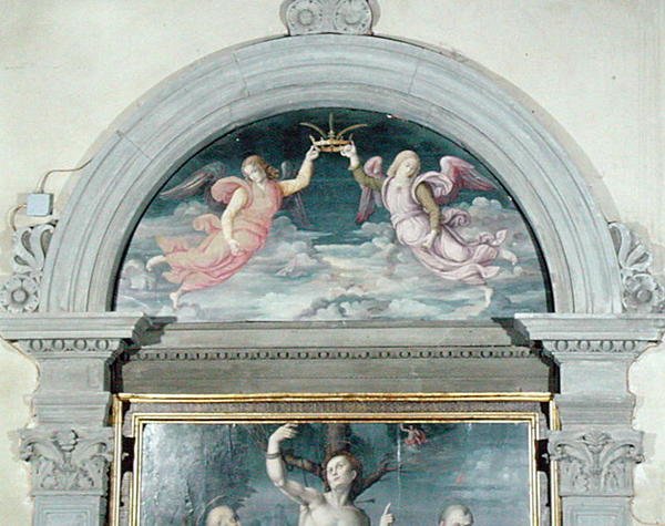 SS. Benedykt, Dominik i Sebastian (szczegół lunety) (olej na desce) (patrz także 192539 i 192540) autorstwa Francesco Ubertini Il Bacchiacca