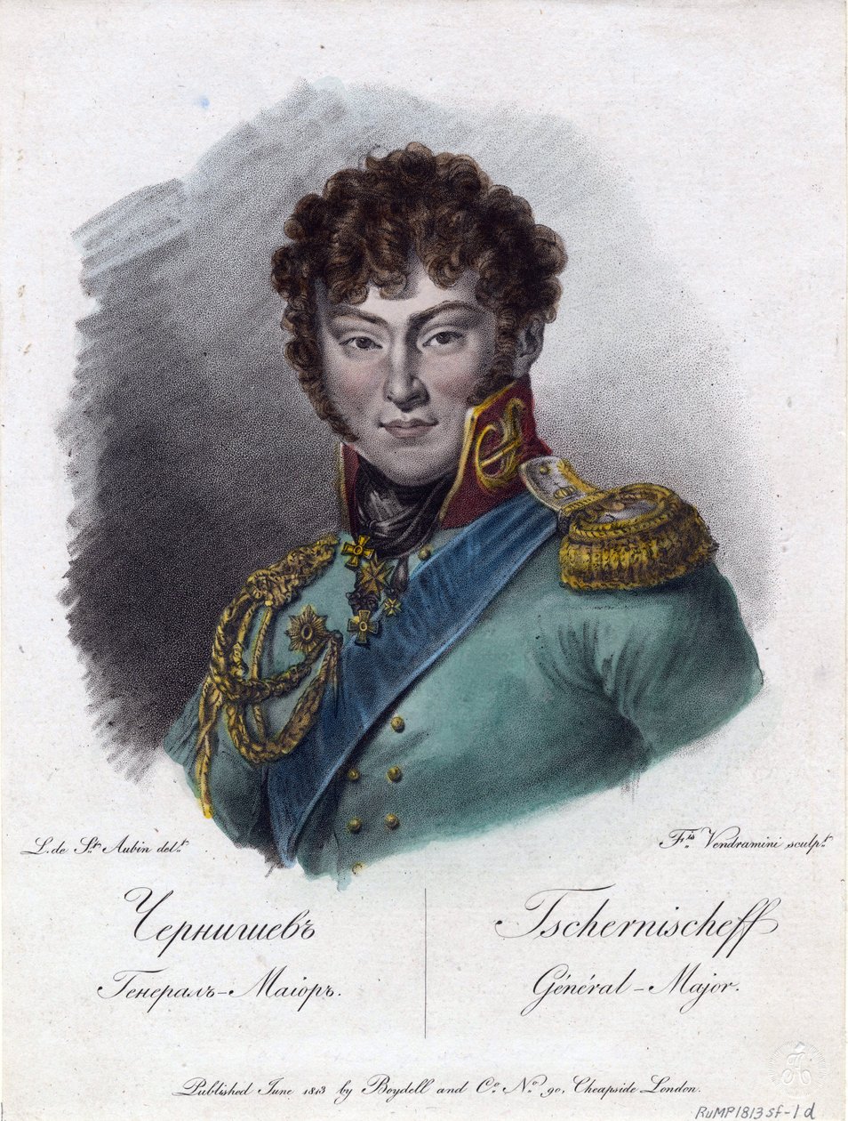 Portret hrabiego Aleksandra Iwanowicza Czernyszowa (Książę Aleksandr Iwanowicz Czernyczew ou Czernycziow ou Czernichev) (1786-1857) - Vendramini, Francesco (1780-1856) - 1813 - Akwaforta, akwarela - 24,2x18,2 - Kolekcja prywatna autorstwa Francesco Vendramini