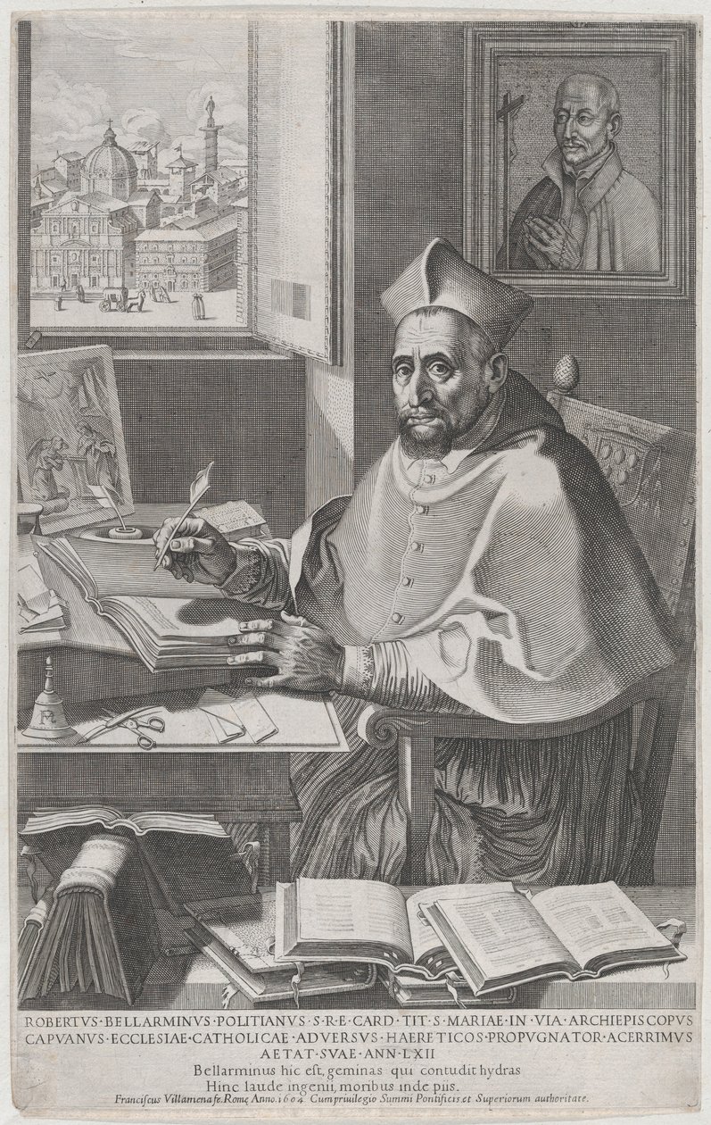 Kardynał Roberto Bellarmino przy swoim biurku, pisanie, 1604. autorstwa Francesco Villamena