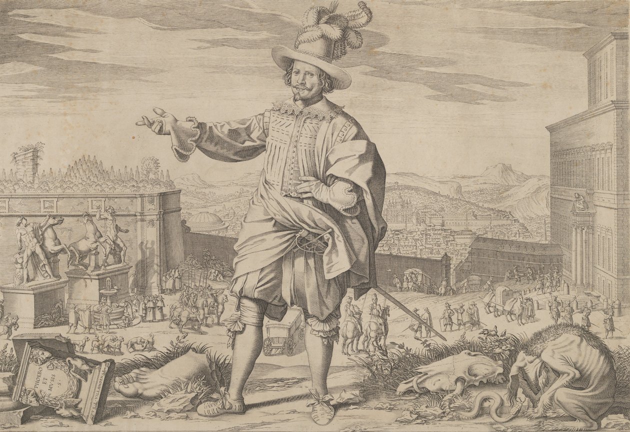 Portret Ioannes Altus Johann Alten, gwardii szwajcarskiej, stojący przy Kwirynale i..., 1623. autorstwa Francesco Villamena