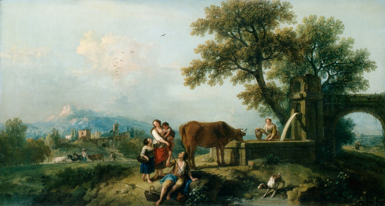 Scena pasterska z krowami, ok. 1750 (olej na płótnie) autorstwa Francesco Zuccarelli
