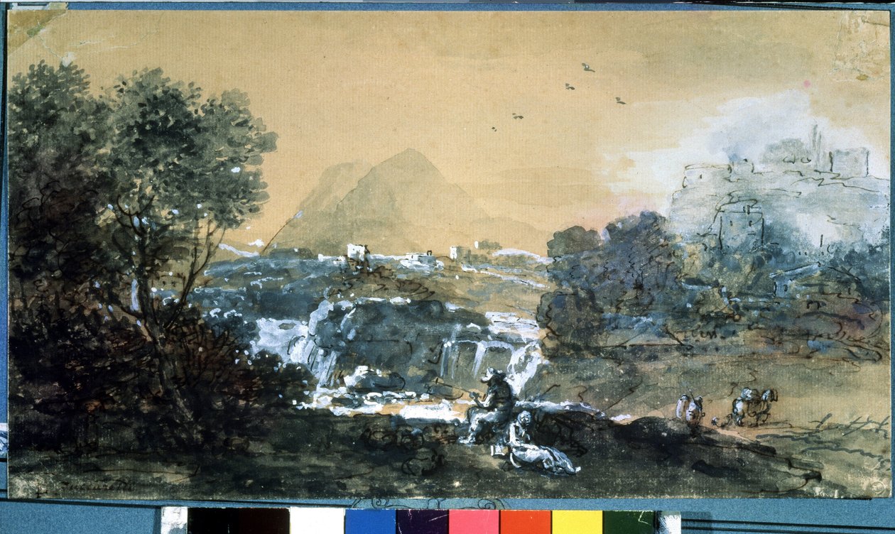 Krajobraz z wodospadem. Rysunek Francesco Zuccarelli (1702-1788). Akwarela i tusz na papierze autorstwa Francesco Zuccarelli