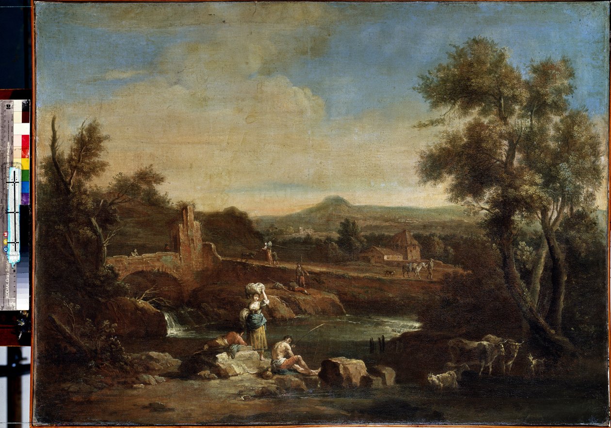 Krajobraz z rzeką. Obraz Francesco Zuccarelli (1702-1788). Olej na płótnie, 81,5 x 119 cm. XVIII-wieczna sztuka wenecka. Muzeum Ermitażu w Sankt Petersburgu. autorstwa Francesco Zuccarelli