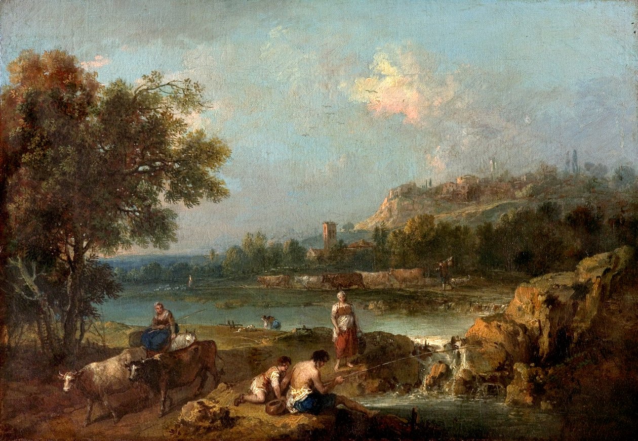 Scena rzeczna z chłopami autorstwa Francesco Zuccarelli