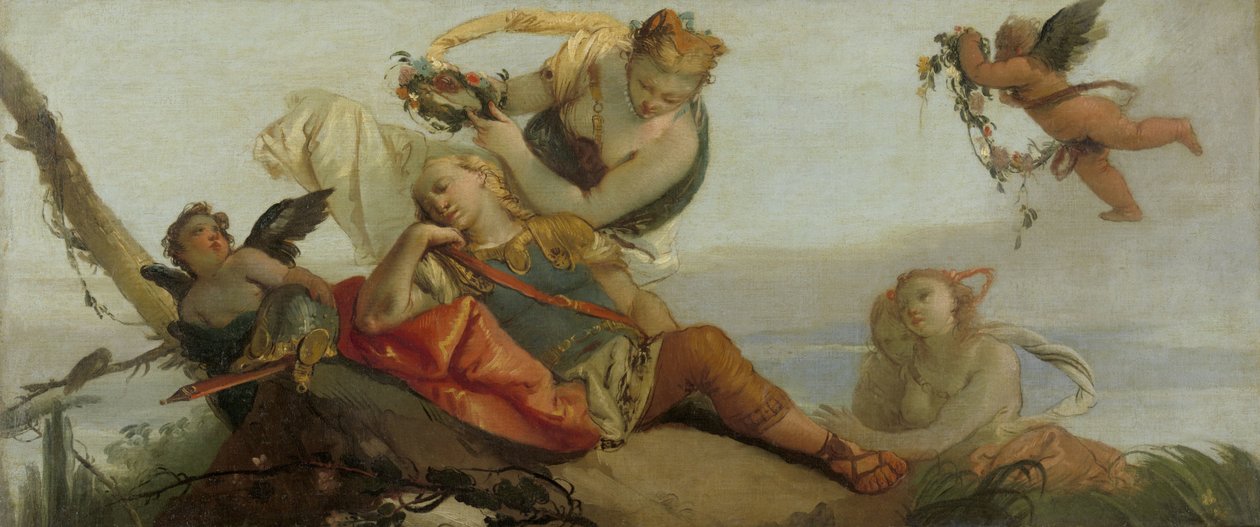 Śpiący Rinaldo w koronie z kwiatami Armida (dawniej zatytułowany Śpiący Mars) autorstwa Francesco Zugno