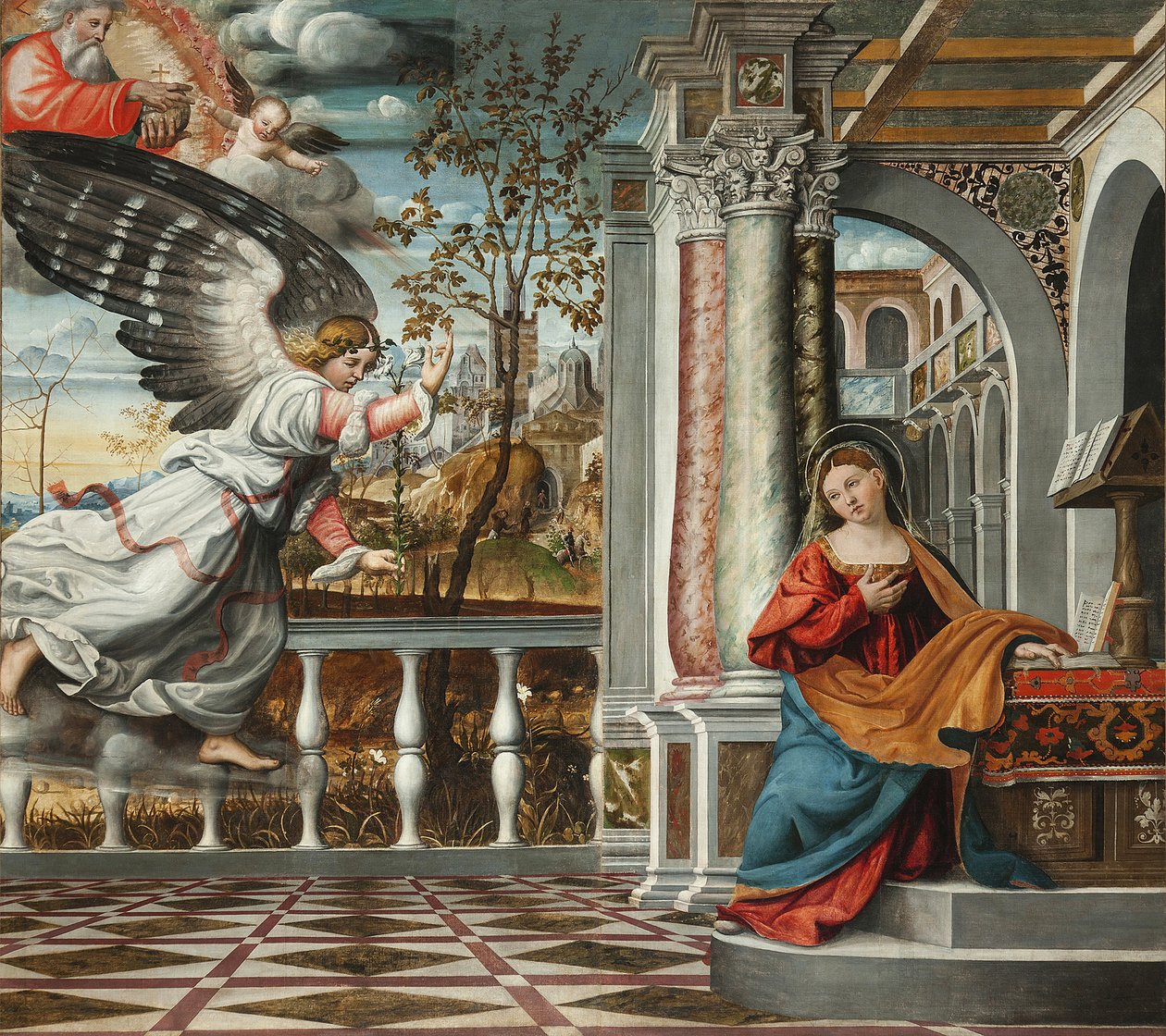 Zwiastowanie przez Francesco da Milano (czynne 1502-1548). Fresk, Katedra Serravalle, Vittorio Veneto autorstwa Francesco da Milano