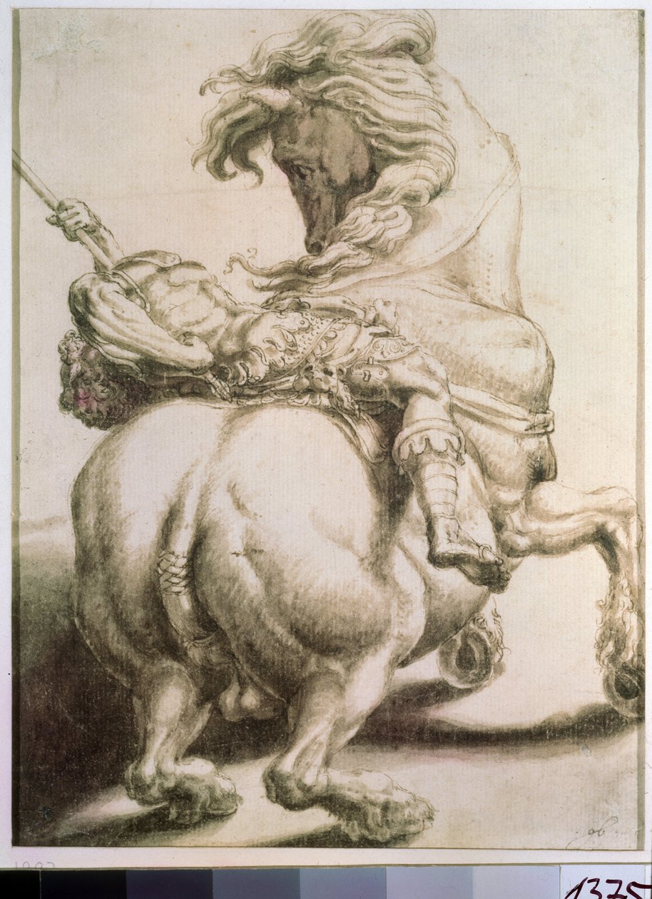 Jeździec przebity włócznią. Rysunek Francesco de Rossi (1510-1563). Grisaille na papierze, 20 x 15 cm autorstwa Francesco de Rossi Salviati