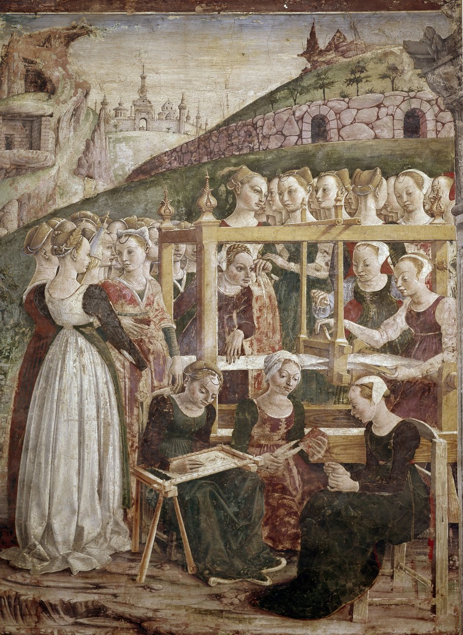Alegoria marszu, detal triumfu Minerwy z tkaczką) detal - fresk Francesco del Cossa (ok. 1436-vers 1478) Ferrara (Ferrara) Palazzo Schifanoia, Salone dei Mesi autorstwa Francesco del Cossa