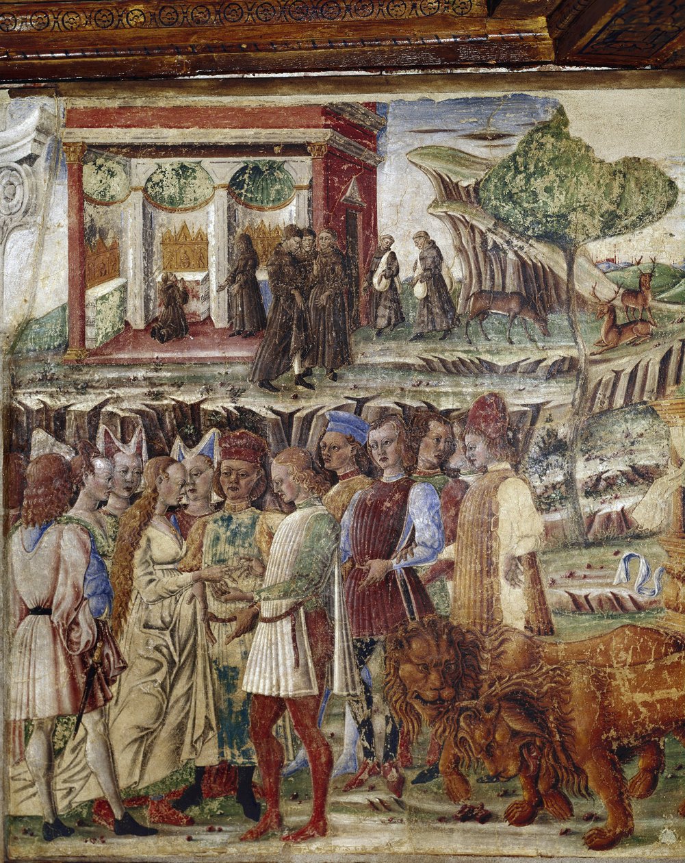 Alegoria miesiąca lipca, detal triumfu Jowisza, detal sceny ślubnej - fresk Francesco del Cossa (ok. 1436-vers 1478) Ferrara (Ferrara) Palazzo Schifanoia, Salone dei Mesi autorstwa Francesco del Cossa