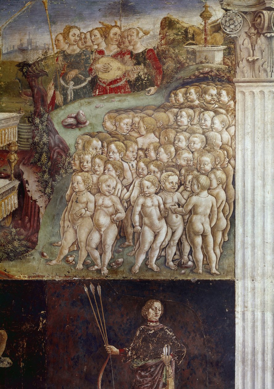 Alegoria miesiąca maja, detal triumfu Apolla, nagie dzieci i dziewięć muz, detal fresku Francesco del Cossy (ok. 1436-ok. 1478) Ferrara (Ferrara) Palazzo Schifanoia, Salone dei Mesi autorstwa Francesco del Cossa
