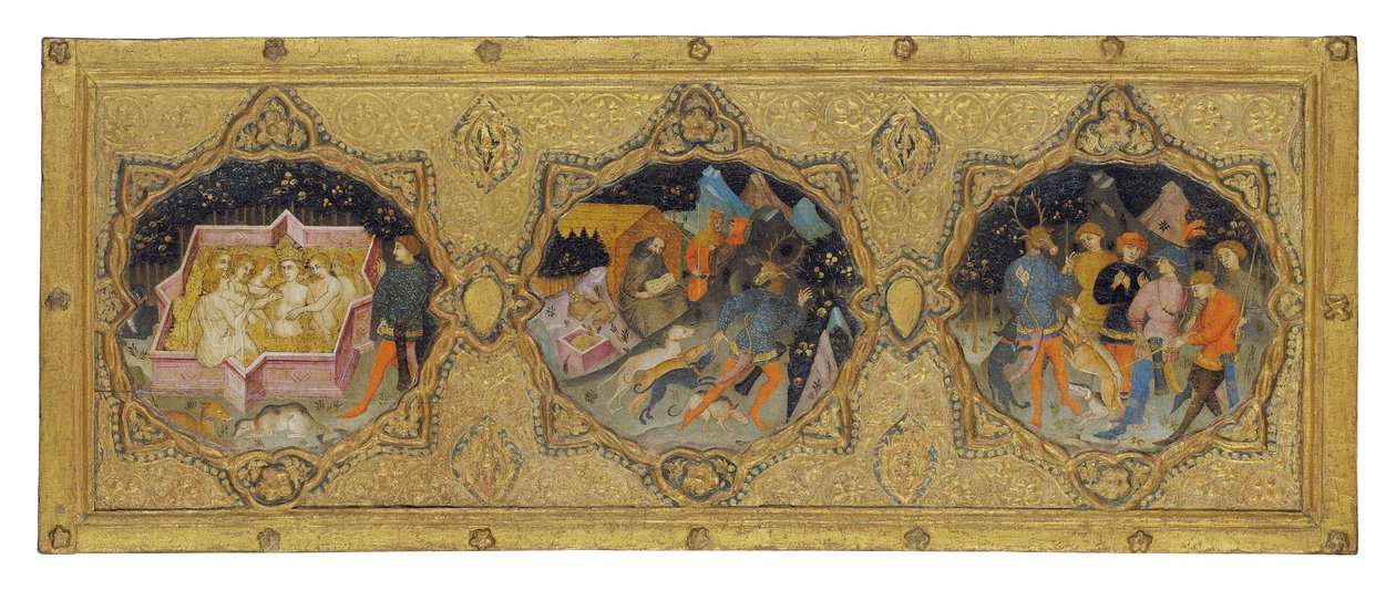 Historia Diany i Akteona ze świętym Jerome: panel cassone (tempera i złoto na panelu) autorstwa Francesco di (attr. to) Michele