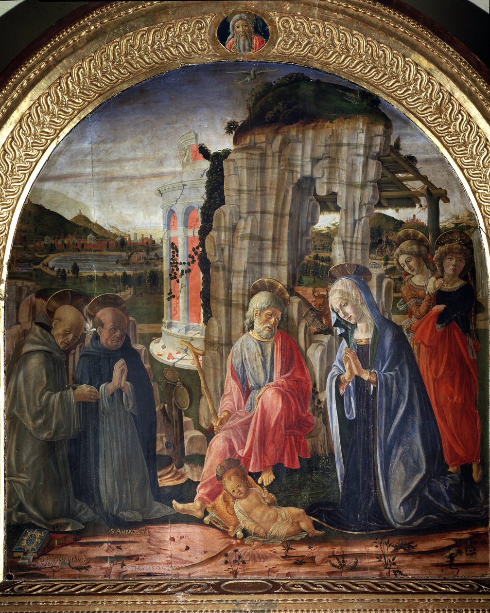 Szopka ze św. Bernardem i św. Tomaszem z Akwinu - Malarstwo autorstwa Francesco di Giorgio Martini