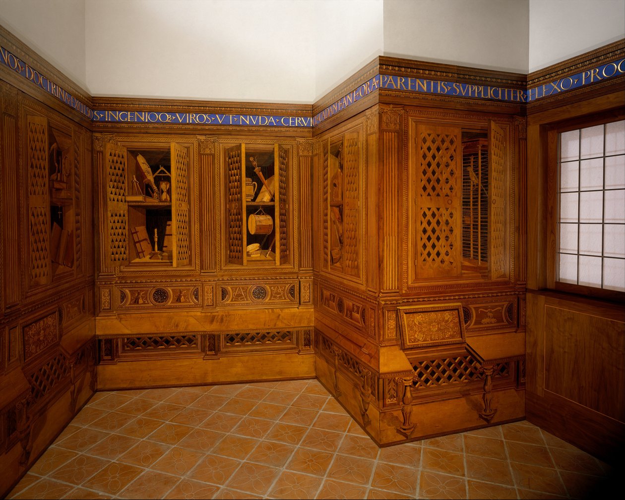 Studiolo z Pałacu Książęcego w Gubbio, ok.1478-82 (orzech, buk, palisander, dąb i drewno owocowe na bazie orzecha włoskiego) autorstwa Francesco di Giorgio Martini