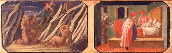 (Ltor) Stygmatyzacja św. Franciszka z Asyżu, Św. Kosma i Damian uzdrawiają chorego człowieka; kopie oryginalnych paneli stanowiących część Predelli do Madonny z Dzieciątkiem na tronie Filippo Lipp autorstwa Francesco di Stefano Pesellino