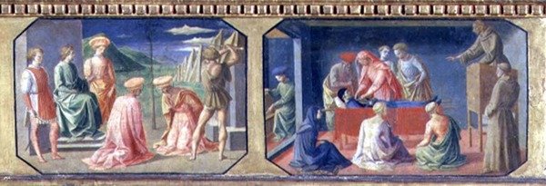 (Ltor) Męczeństwo SS. Kosmas i Damian, św. Antoni Padewski odnajdujący Serce Skąpiec; dwa panele predelli Madonny z Dzieciątkiem na tronie Filippo Lippiego (ok. 1406-69) (tempera na patelni autorstwa Francesco di Stefano Pesellino