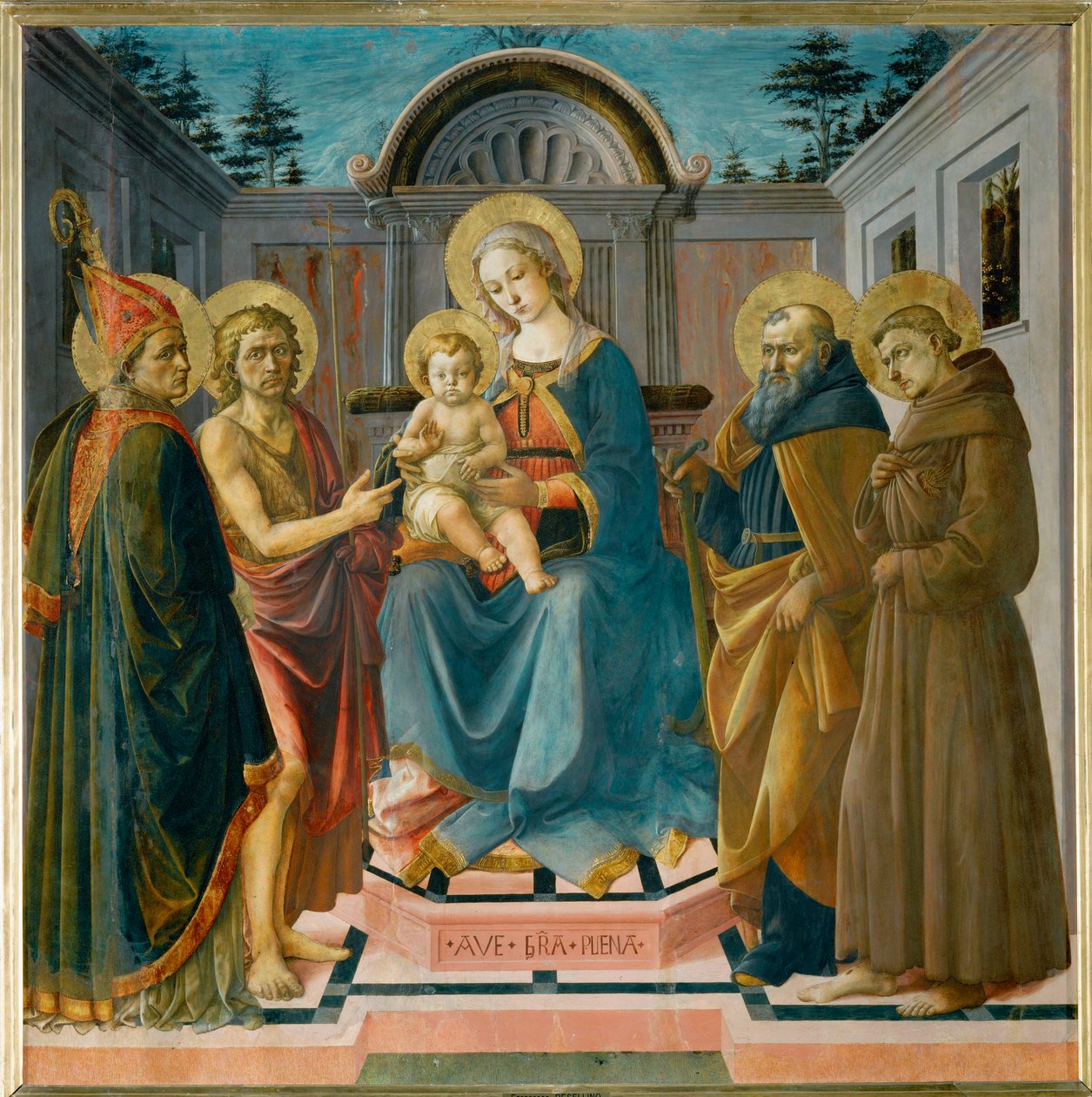 Dziewica z Dzieciątkiem między świętą Zenobią, świętym Janem Chrzcicielem, świętym Antonim Abbe i świętym Franciszkiem ... autorstwa Francesco di Stefano Pesellino