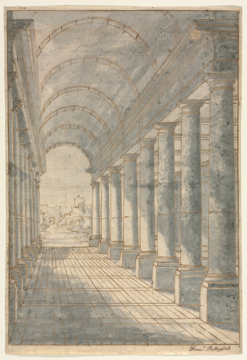 Arkada ze sklepieniem beczkowym renderowana w perspektywie, XVIII wiek. autorstwa Francessco Battaglioli