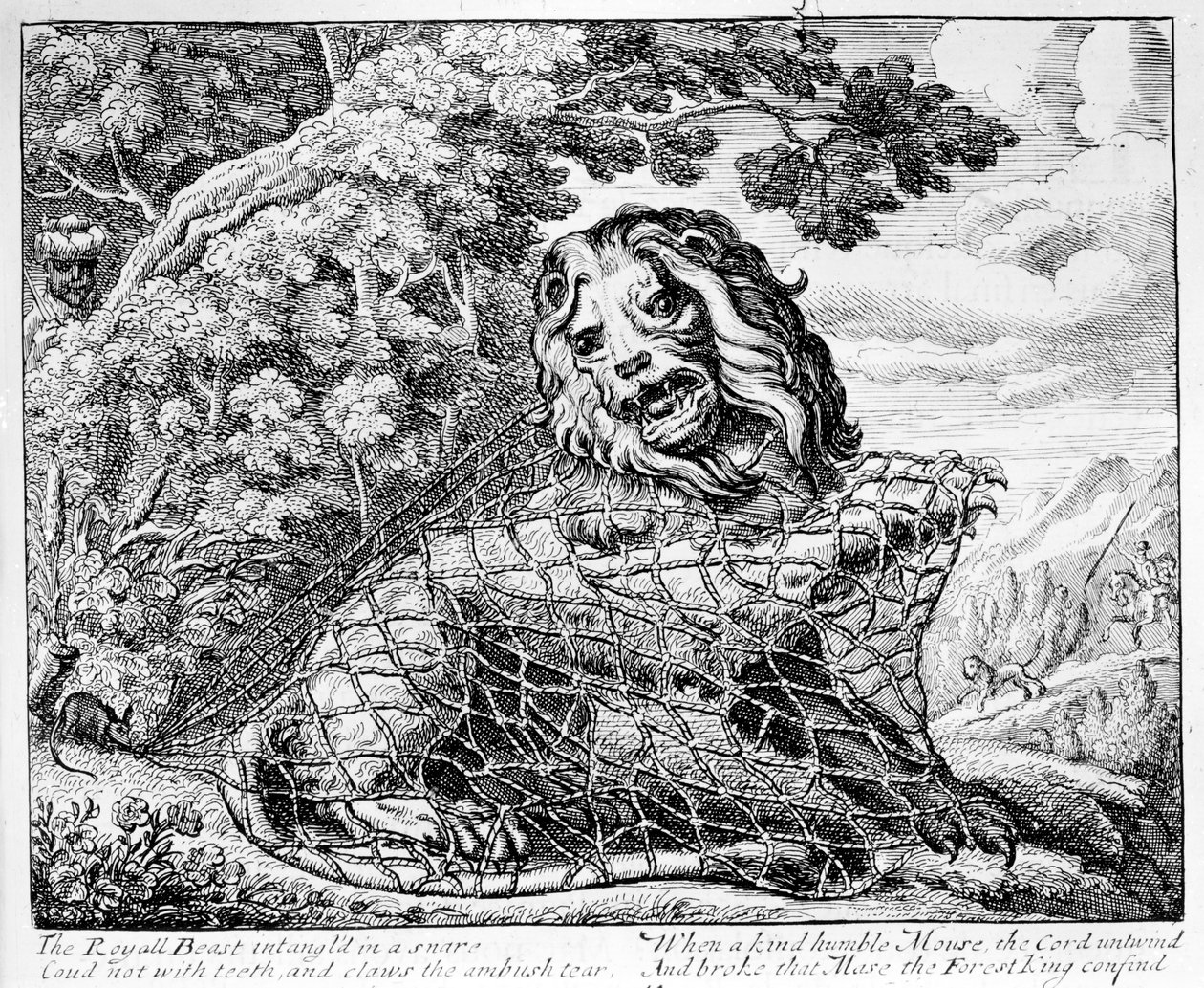 Lew i mysz, ilustracja do „Bajek Ezopa”, 1687 autorstwa Francis Barlow