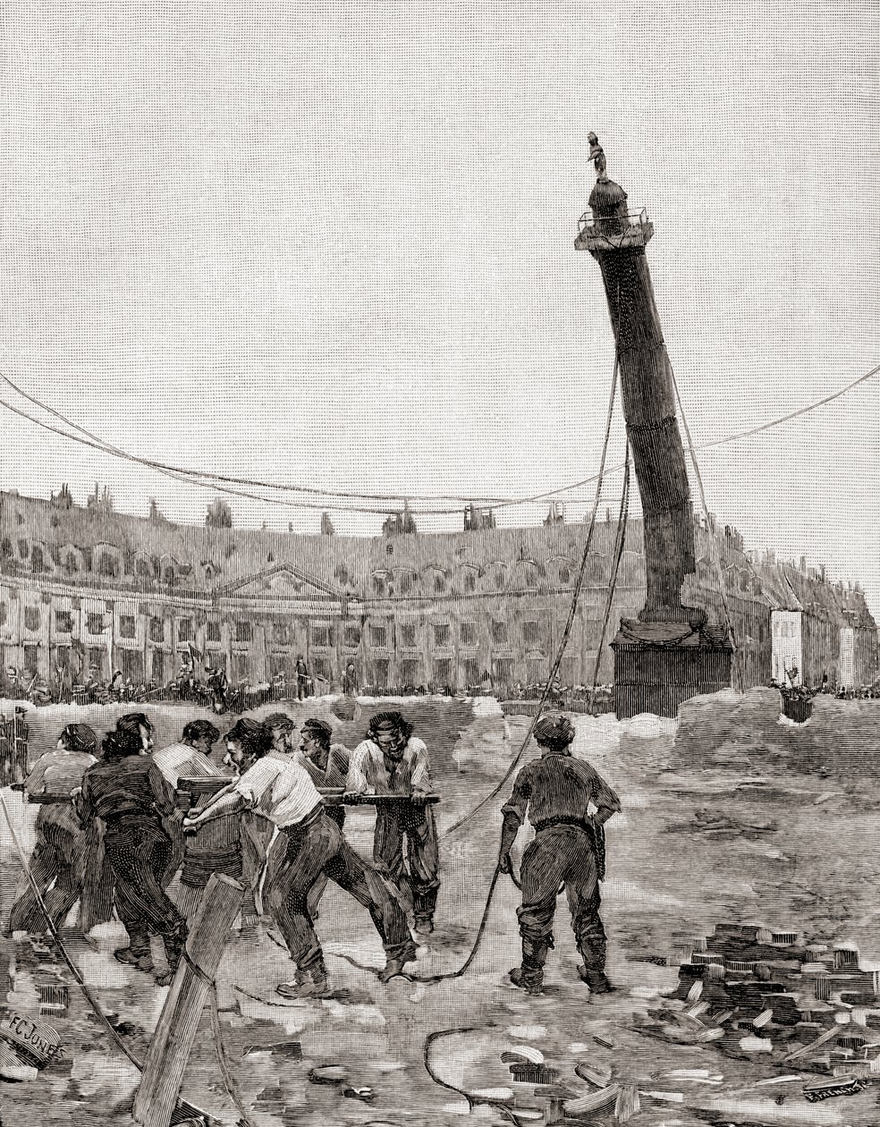 Zburzenie kolumny Vendôme podczas Komuny Paryskiej, Paryż, Francja w 1871, z The Century Illustrated Monthly Magazine, opublikowanego 1884 (drewno) autorstwa Francis Coates Jones