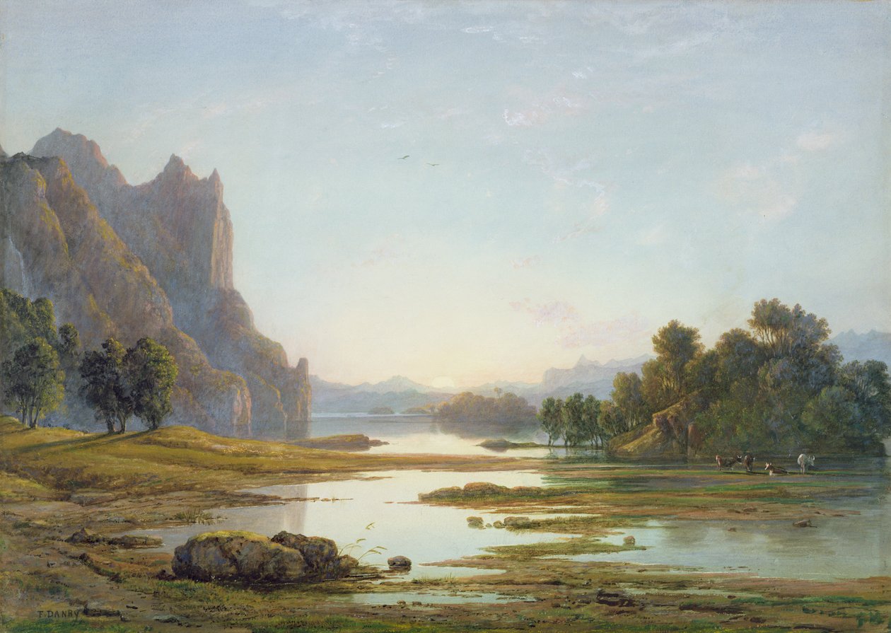 Zachód słońca nad rzeką Pejzaż, ok. 1840 (wc z kolorem nadwozia nad grafitem na papierze) autorstwa Francis Danby