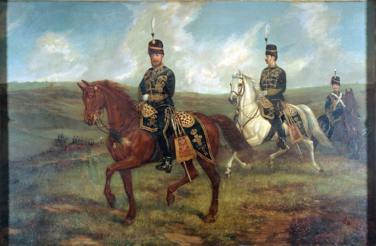 Książę Walii (1841-1910) z podpułkownikiem Valentinem Bakerem (1827-1887) recenzują 10. Huzary, Aldershot, 8 września 1871, ok. 1871 (olej na płótnie położony na pokładzie) autorstwa Francis Grant