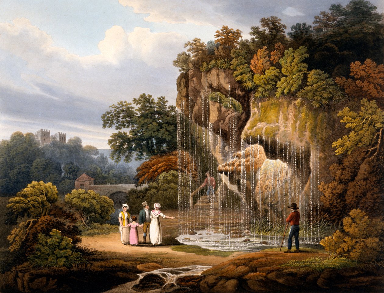 Figury przy wodospadzie, 1825 (akwatinta ręcznie kolorowana) autorstwa Francis Nicholson