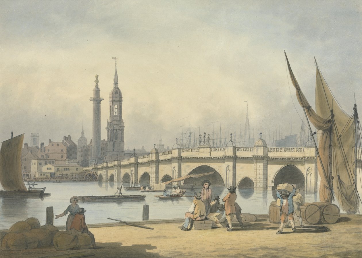 London Bridge and the Monument, ok. 1795 (grafit, toaleta i tusz na papierze) autorstwa Francis Nicholson