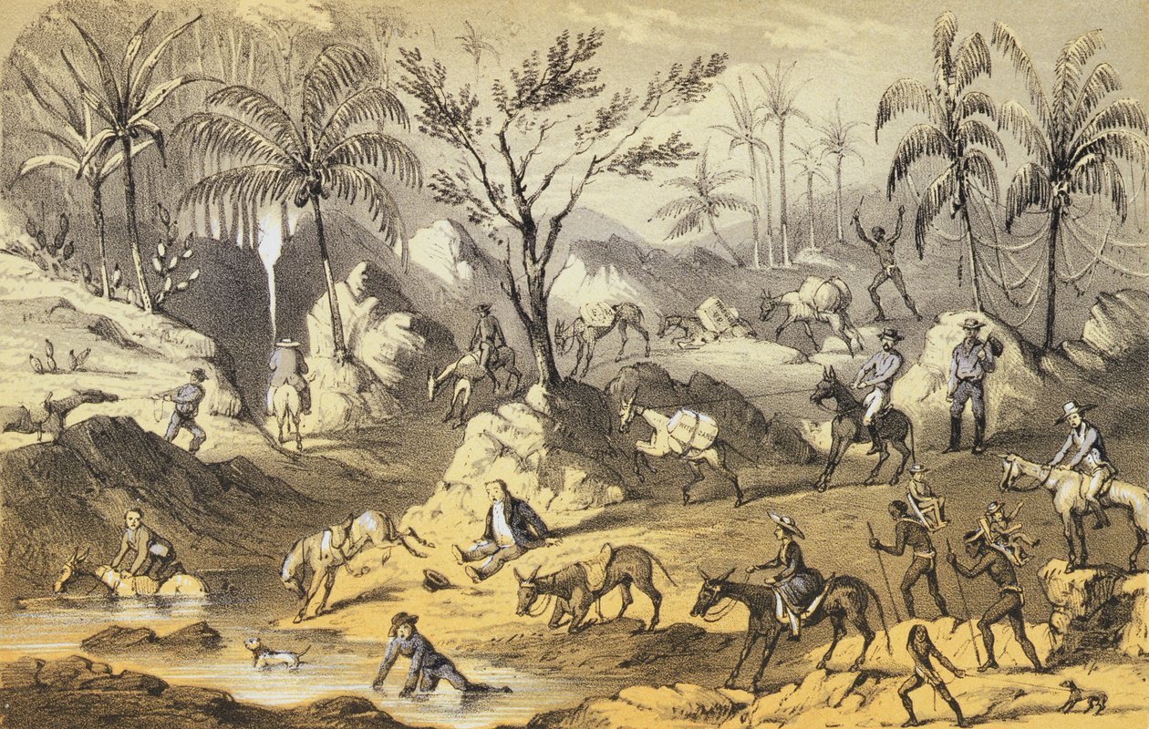 Przekraczanie przesmyku, z „Góry i kretowiska lub wspomnienia spalonego dziennika” Franka Marryata, rytowane przez J. Brandarda, wydane w 1855 r. autorstwa Francis Samuel Marryat