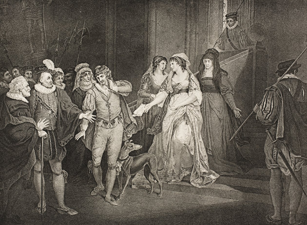 Rousillon, pałac hrabiego, akt V, scena III, z "Wszystko dobre, co się dobrze kończy", z The Boydell Shakespeare Gallery, wyd. koniec XIX w. autorstwa Francis Wheatley