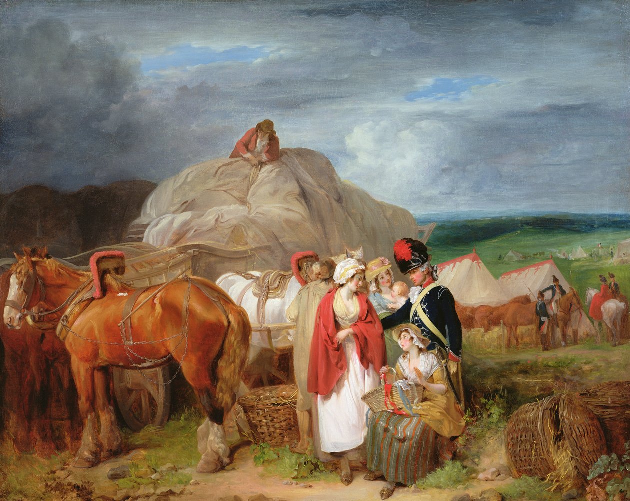 Żołnierz z wiejskimi kobietami sprzedającymi wstążki w pobliżu obozu wojskowego, 1788 autorstwa Francis Wheatley