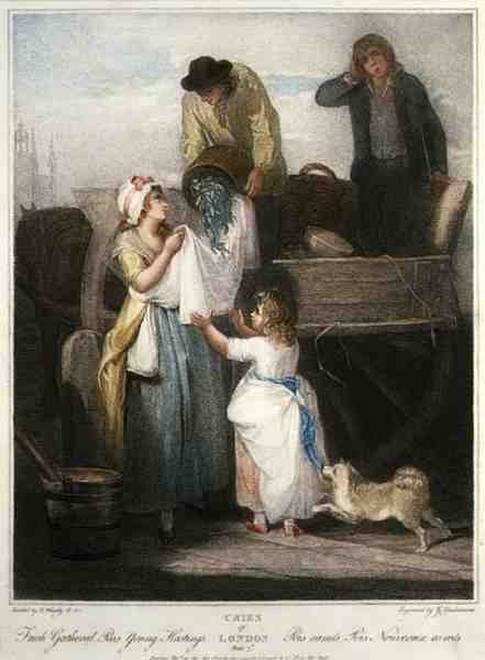 „Fresh Gathered Peas Young Hastings”, płyta 7 „The Cries of London”, grawerowana przez Giovanniego Vendramini (1769-1839), wyd. przez Colnaghi & Co. autorstwa Francis (after) Wheatley