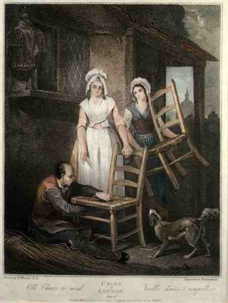 „Old Chairs to Mend”, płyta 10 „The Cries of London”, sztychowana przez Giovanniego Vendraminiego (1769-1839), wyd. przez Colnaghi & Co. autorstwa Francis (after) Wheatley