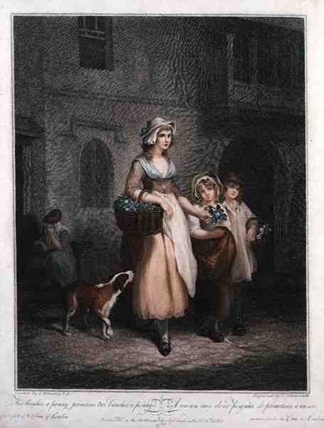 „Dwa pęczki za grosz, pierwiosnki, dwie pęczki za grosz”, płyta 1 „The Cries of London”, grawerowana przez Luigiego Schiavonettiego (1765-1810), wyd. przez Colnaghi & Co. autorstwa Francis (after) Wheatley