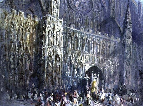 Front zachodni katedry w Exeter, z procesją religijną na pierwszym planie autorstwa Francis Abel William Taylor Armstrong