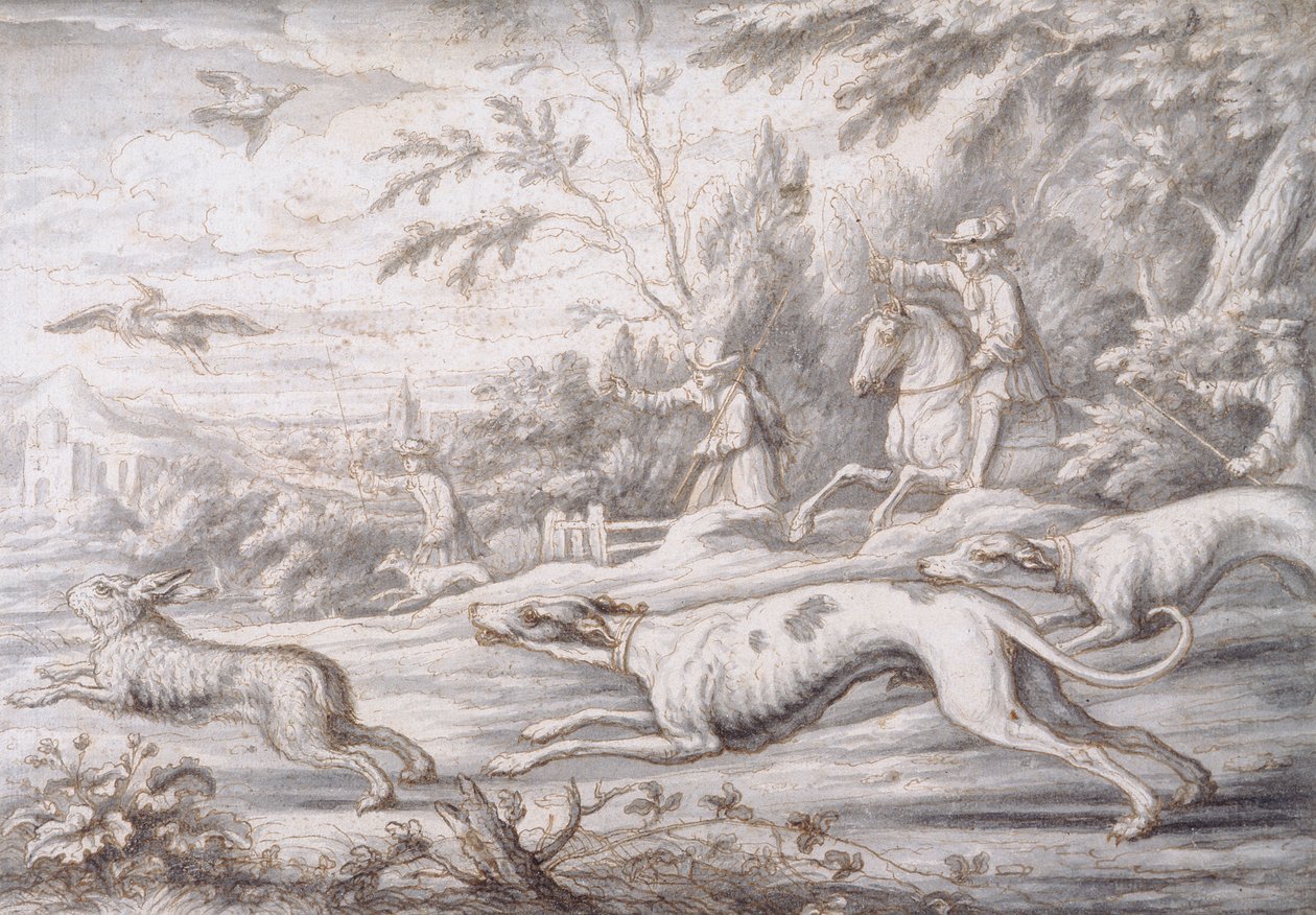 Hare Hunting (pióro, brązowy tusz i szare pranie na papierze) autorstwa Francis Barlow
