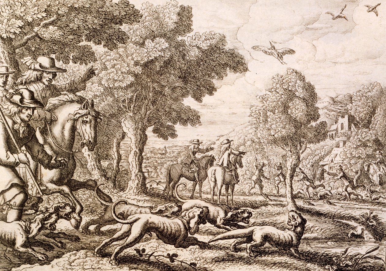 Polowanie na wydry nad rzeką, ryty Wenceslaus Hollar, 1671 autorstwa Francis Barlow