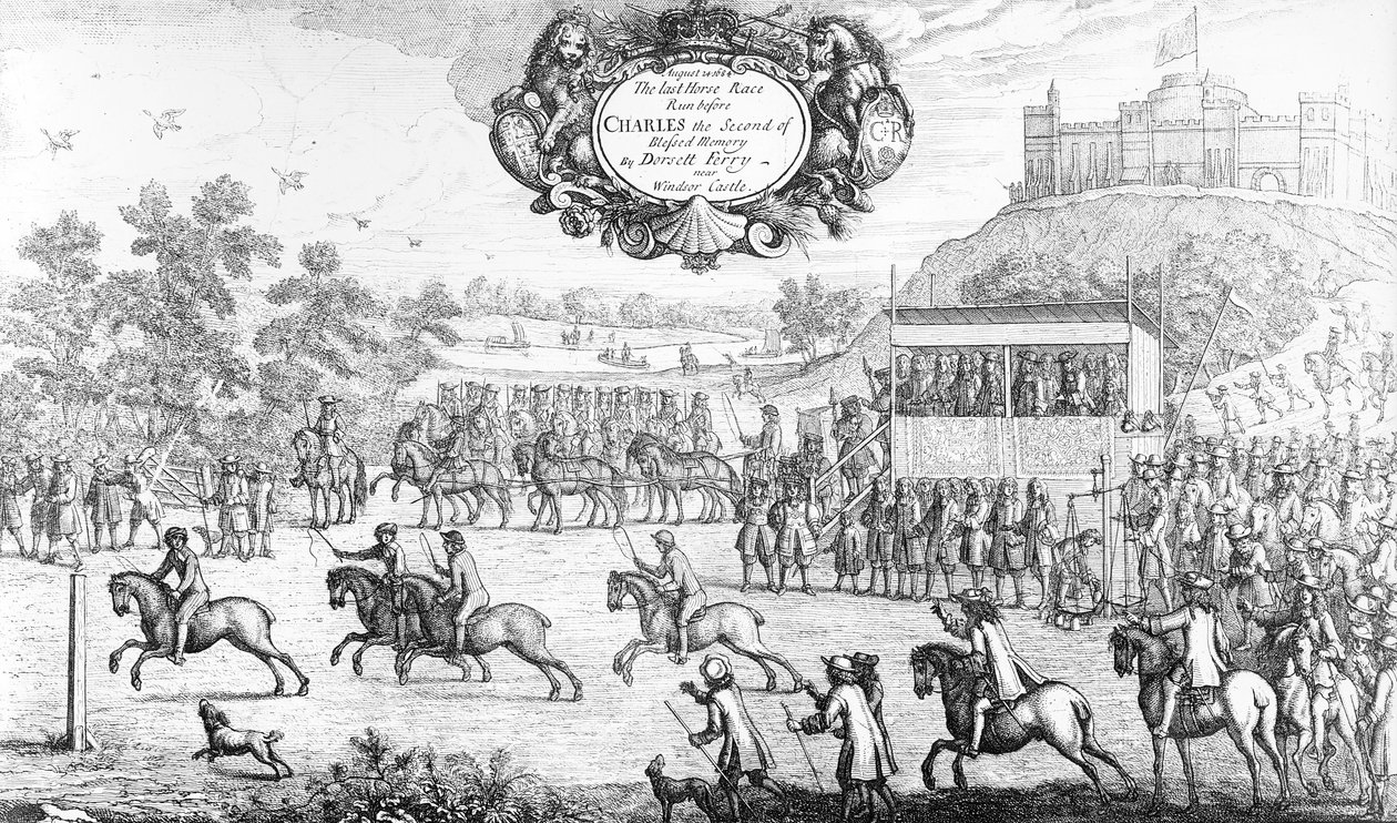 Ostatni wyścig konny prowadzony przed Karolem II Błogosławionej Pamięci przez Dorsett Ferry, w pobliżu zamku Windsor, 24 sierpnia 1684, 1687 autorstwa Francis Barlow