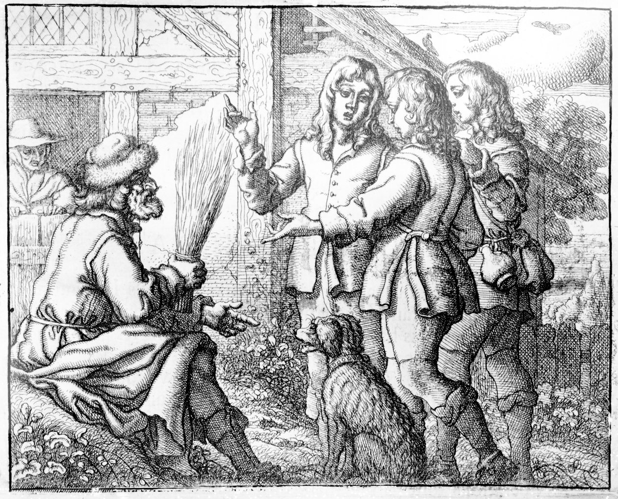 Stary człowiek i jego synowie, ilustracja z „Bajek Ezopa”, 1666 (akwaforta) autorstwa Francis Barlow