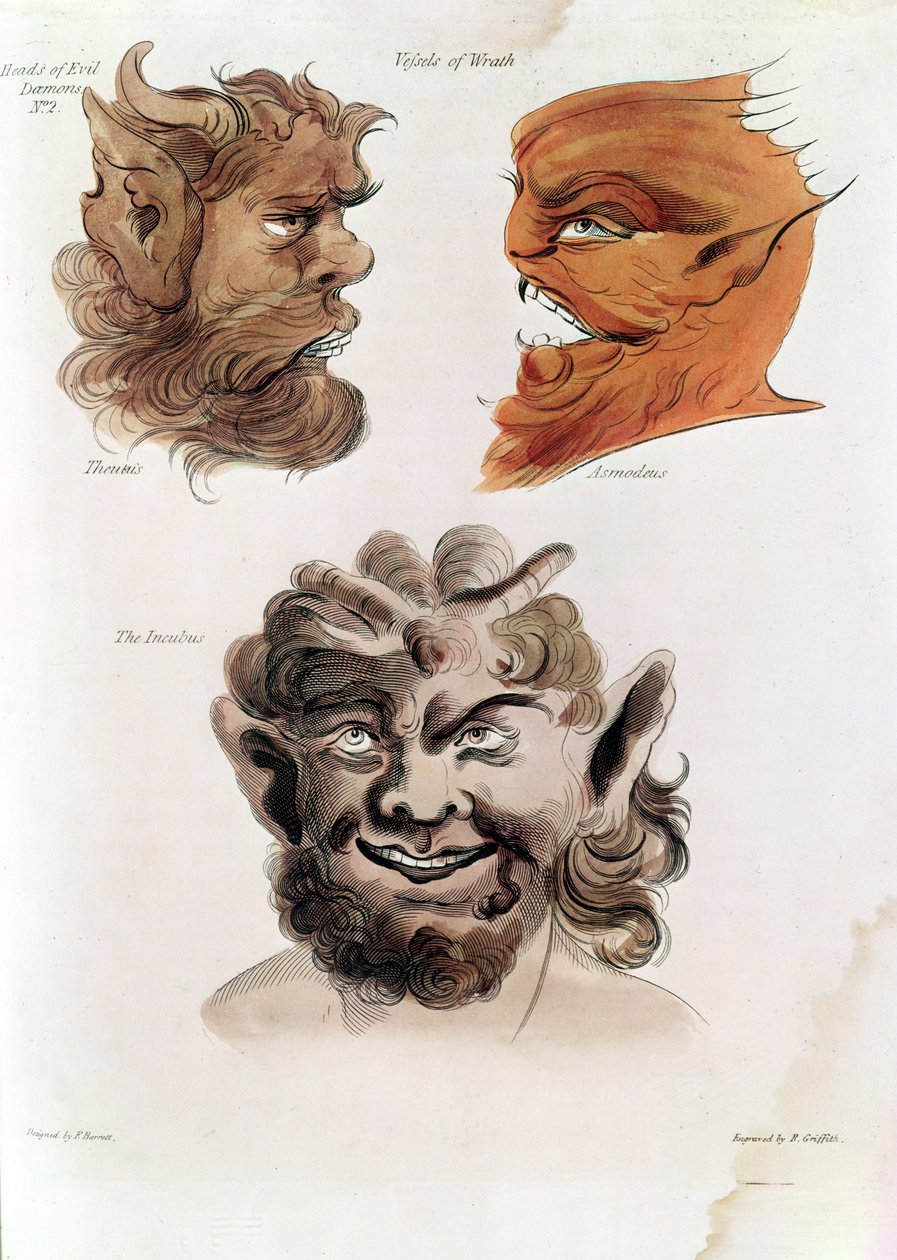 Głowy złych demonów: Theumis, Asmodeus i The Incubus, ilustracje z „The Magus”, wyd. 1801 (ręczne grawerowanie kolorowe) autorstwa Francis Barrett