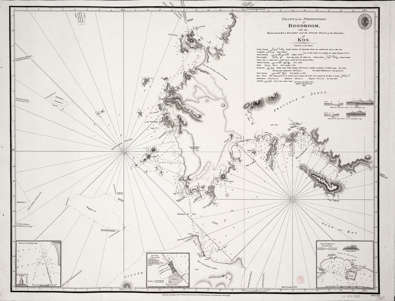 Mapa cypla Boodroom z wyspami Karabaghla i północnym cyplem wyspy Kos ... autorstwa Francisa Beauforta F.R.S. ... 1811 autorstwa Francis Beaufort