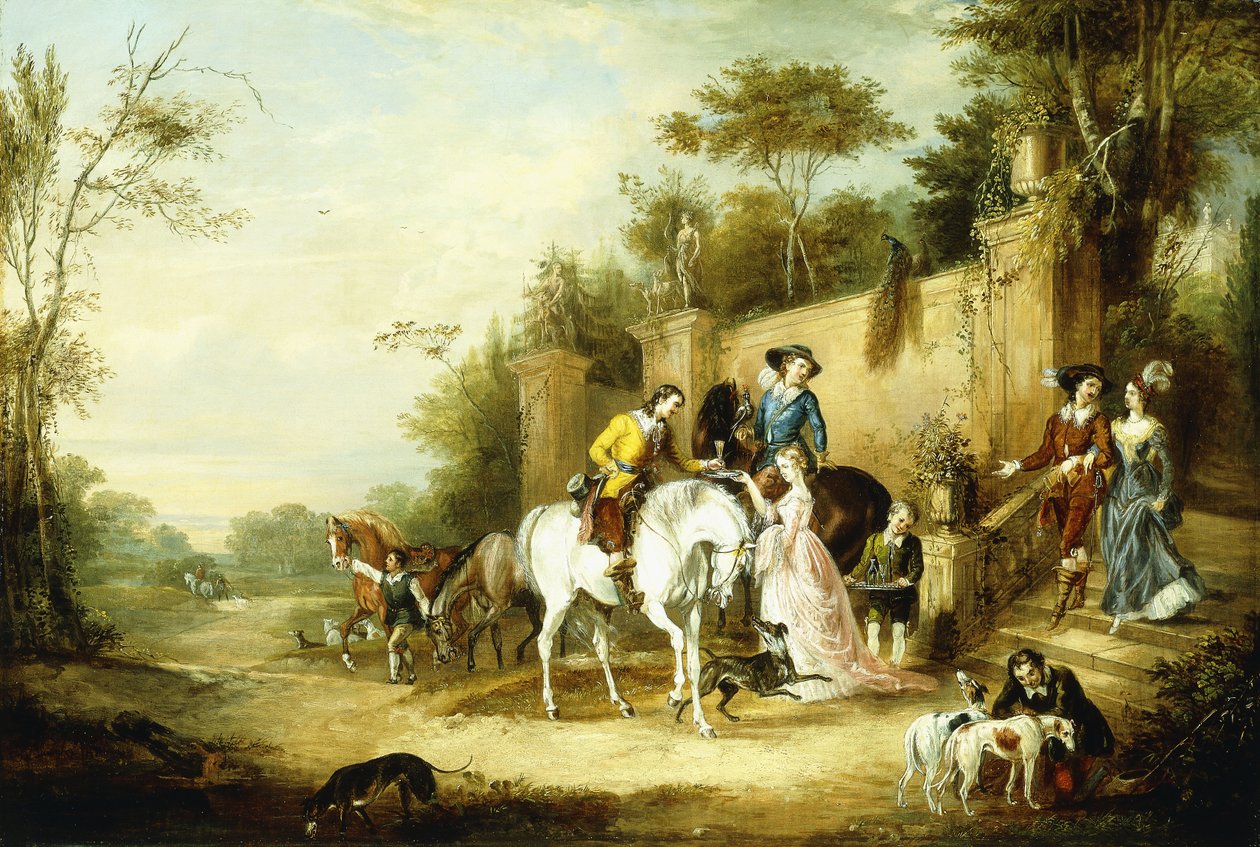 Impreza Hawkinga wyruszająca ze schodów wiejskiego domu, 1828 autorstwa Francis Calcraft Turner